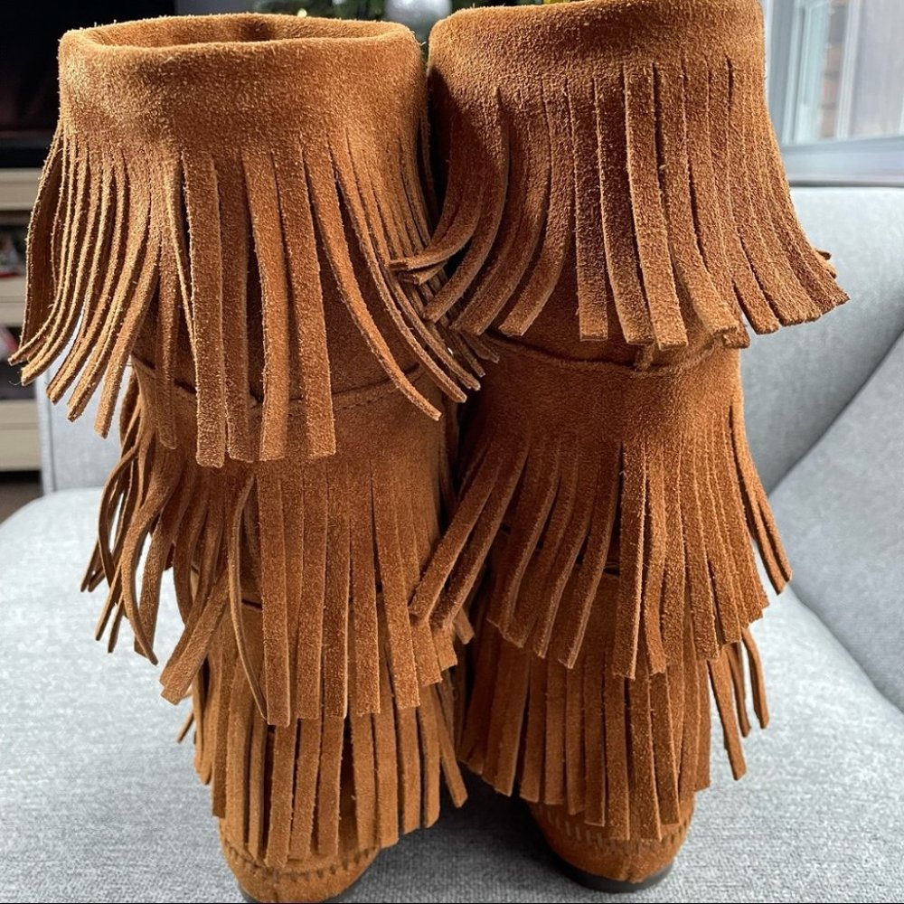 Minnetonka Three Layer Fringe Boot Suede Leather - image 7